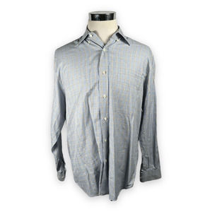 Brioni Mens Button Down Shirt Blue Gingham Long Sleeve Collar Pocket Italy L